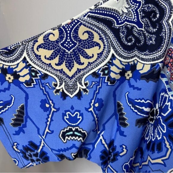 Roz & Ali Short Sleeve Blue Coral White Multi Stretch Blouse Large - Picture 6 of 11